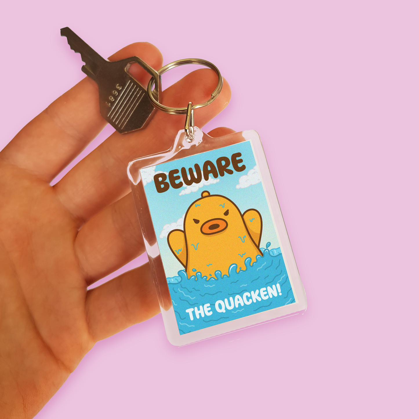 "BEWARE The Quacken!" Acrylic Keychain -Blue